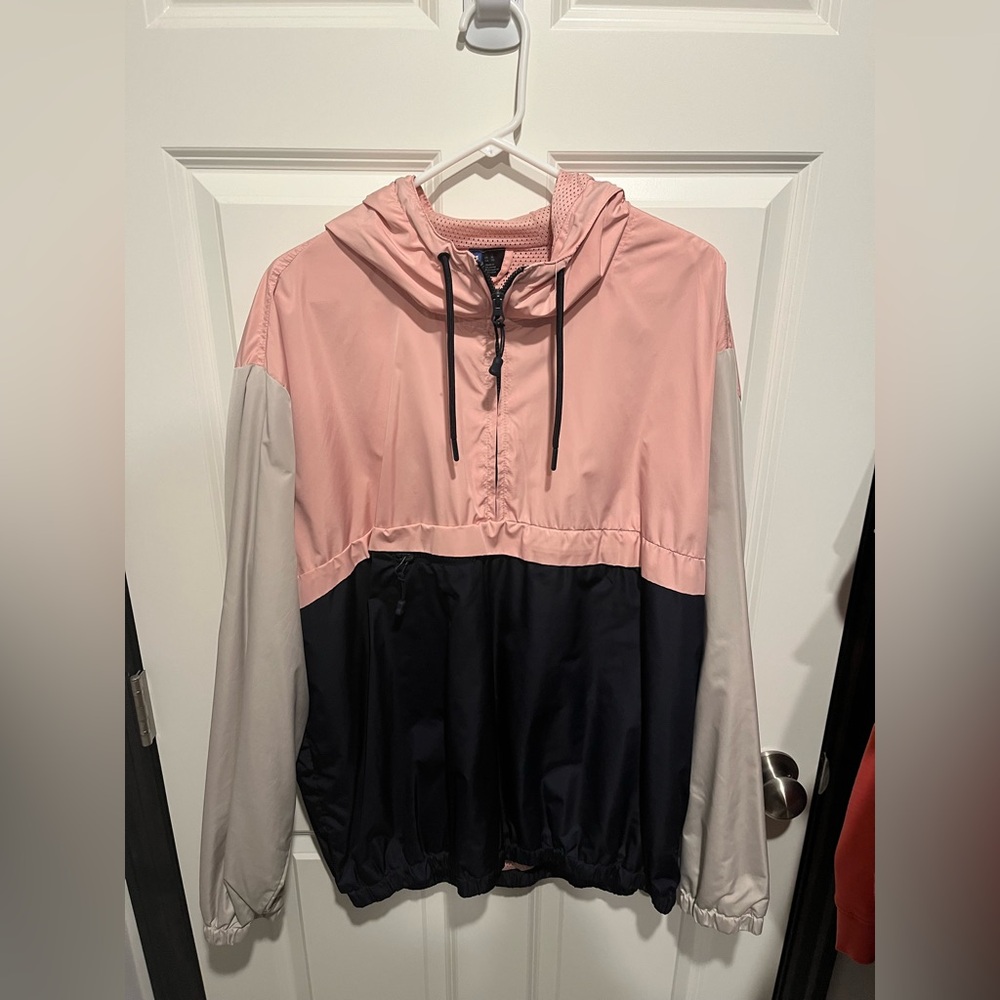 H&M quarter zip windbreaker- pink, beige, and navy.